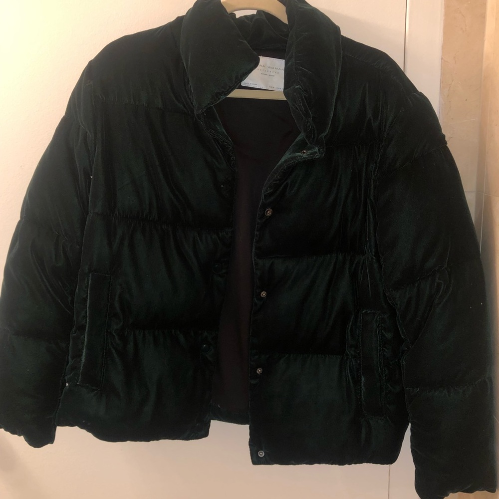 Green velvet zara puffer coat